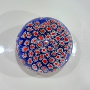 Vintage MILLEFIORI Art Glass Paperweight Blue White Clear Red To Orange